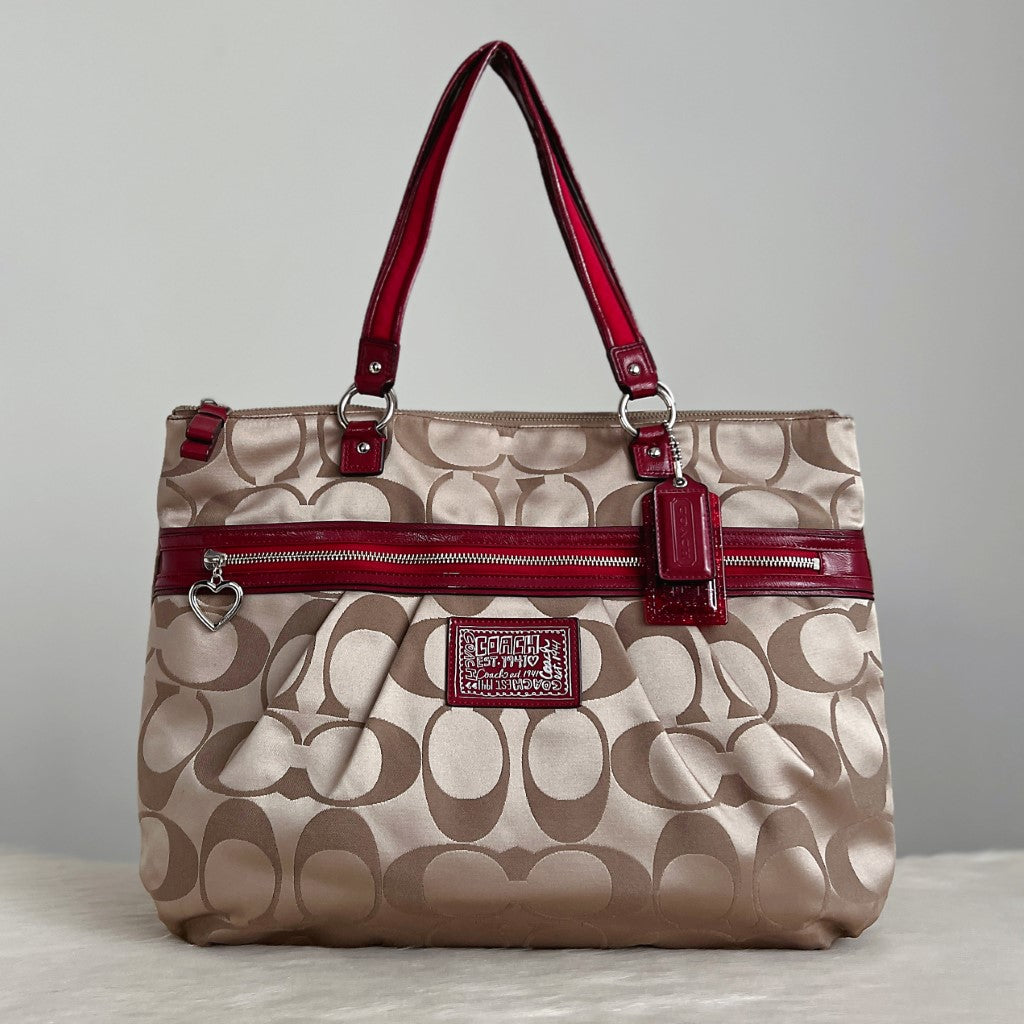 Coach Maroon Leather Monogram Front Zip Detail Shoulder Bag