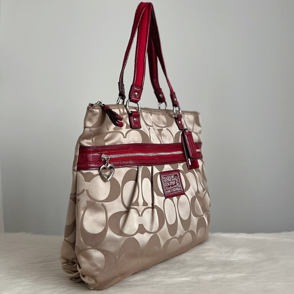 Coach Maroon Leather Monogram Front Zip Detail Shoulder Bag