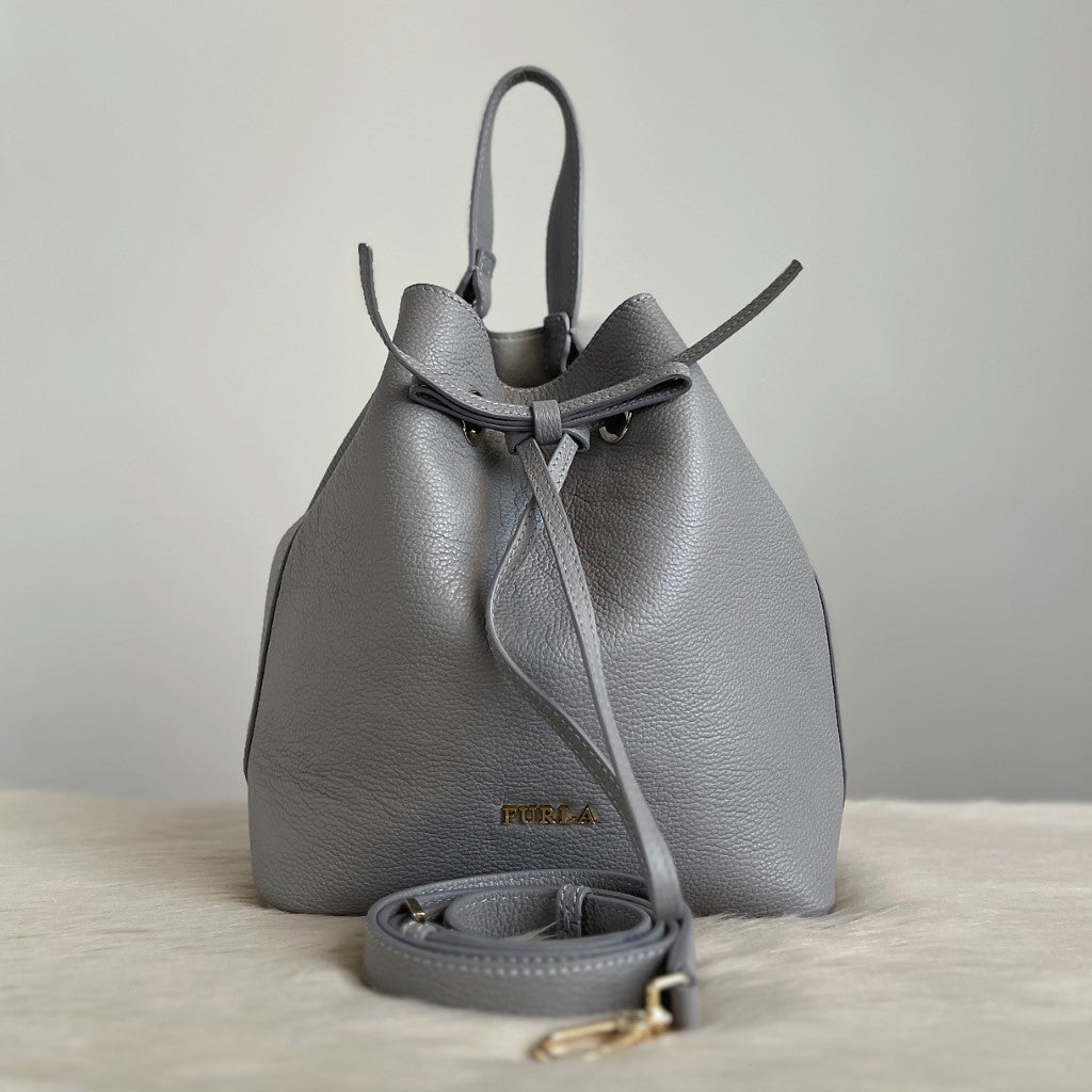 Furla Grey Leather Drawstring Bucket 2 Way Shoulder Bag Like New