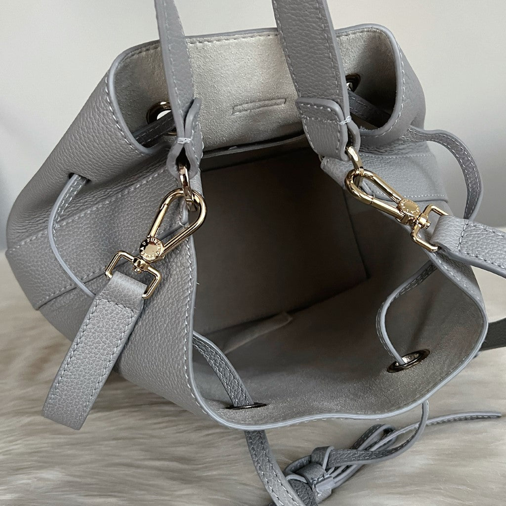 Furla Grey Leather Drawstring Bucket 2 Way Shoulder Bag Like New