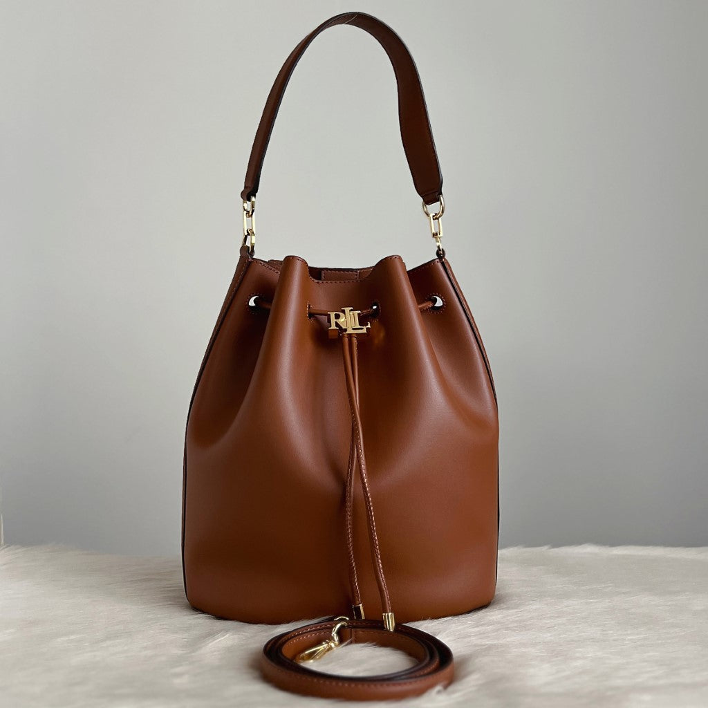 Ralph Lauren Caramel Leather Drawstring Bucket 2 Way Shoulder Bag Like New