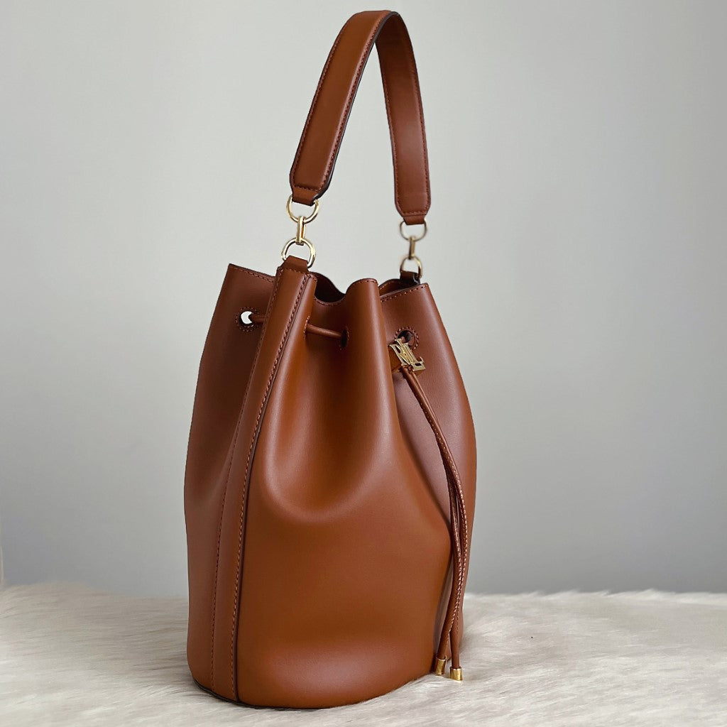 Ralph Lauren Caramel Leather Drawstring Bucket 2 Way Shoulder Bag Like New