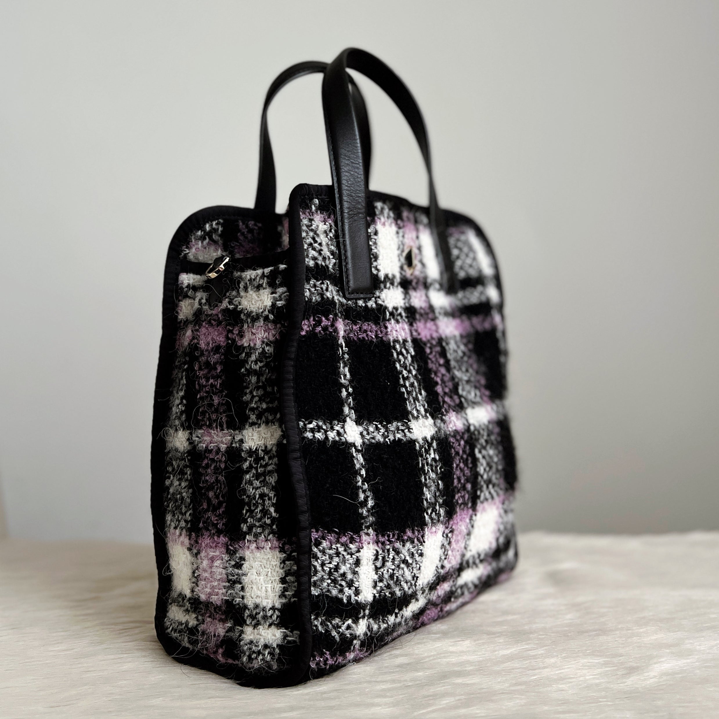 Kate Spade Black Leather Check Pattern Triple Compartment 2 Way Shoulder Bag Excellent