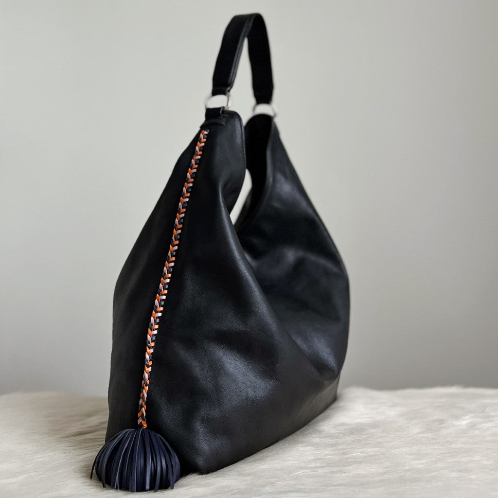 Rebecca Minkoff Black Leather Tassel Charm Pleated Detail Slouchy Shoulder Bag Excellent