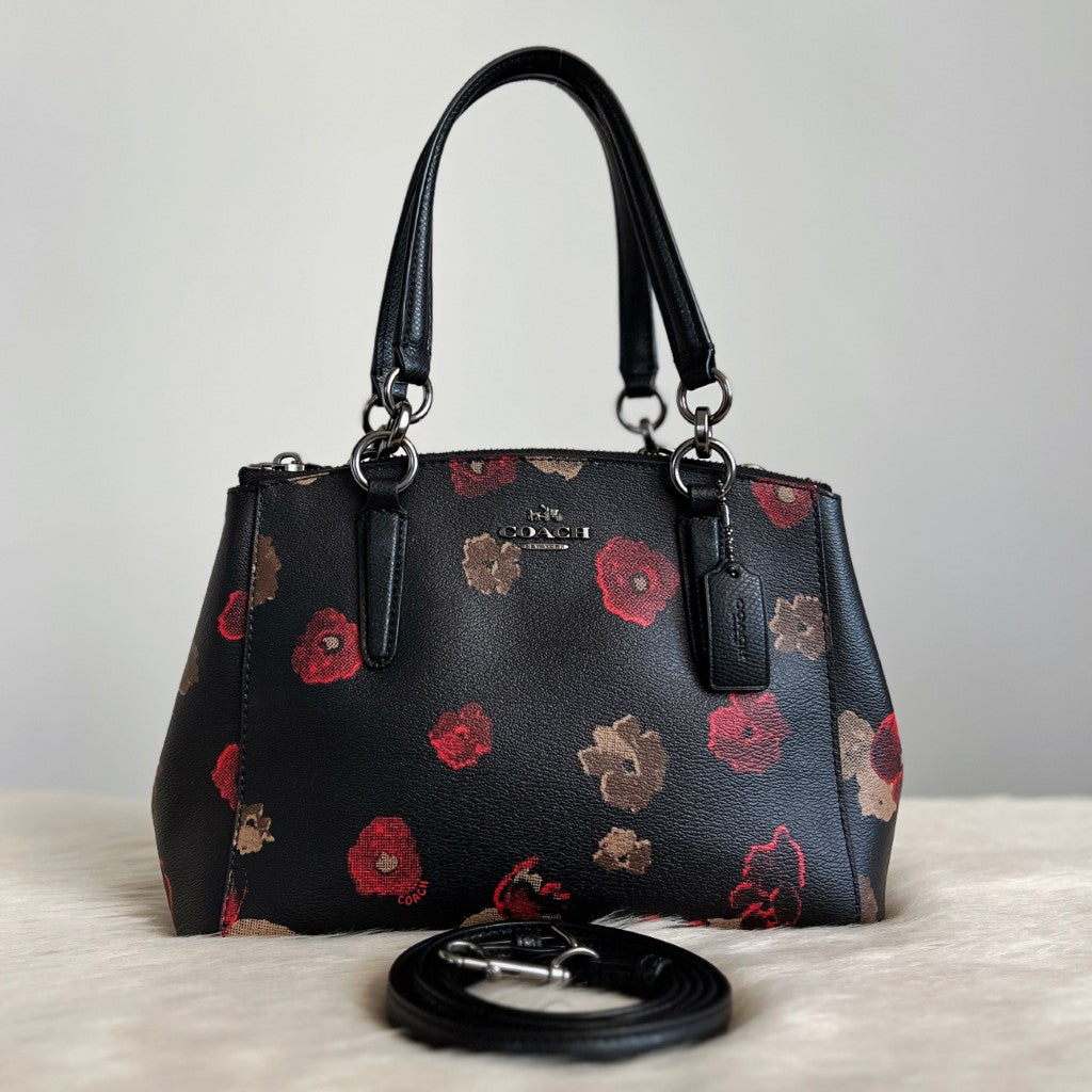 Coach Black Leather Floral Pattern Triple Compartment 2 Way Shoulder Bag Excellent