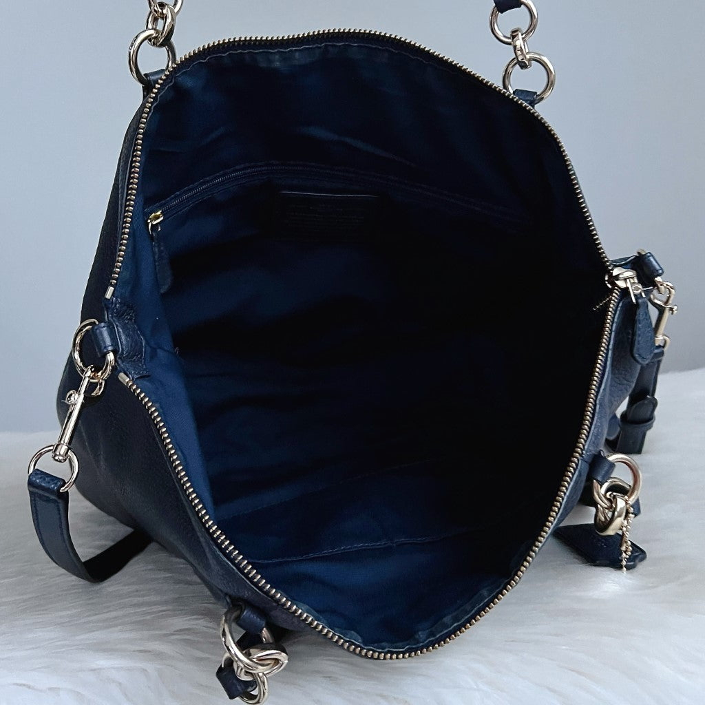 Coach Dark Navy Leather Front Logo Chain Detail 2 Way Shoulder Bag