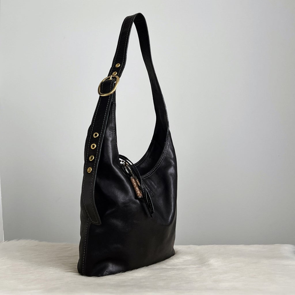 Coach Black Leather Front Logo Slouchy Crossbody Shoulder Bag