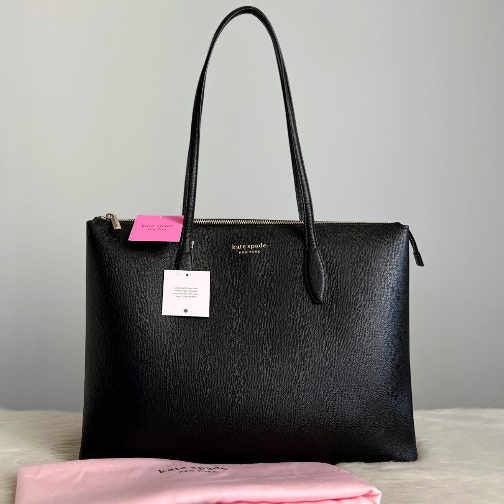 Kate Spade Black Leather Front Logo Career Shoulder Bag New with Tags