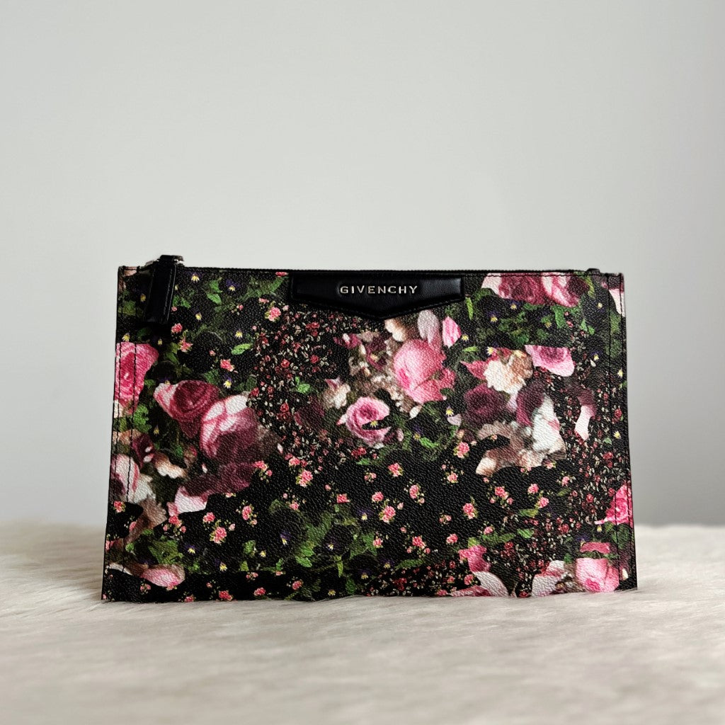 Givenchy Black Leather Floral Pattern Clutch Bag Excellent