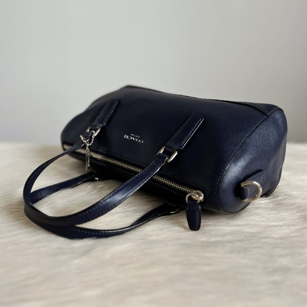 Coach Navy Leather Front Logo Boston 2 Way Shoulder Bag