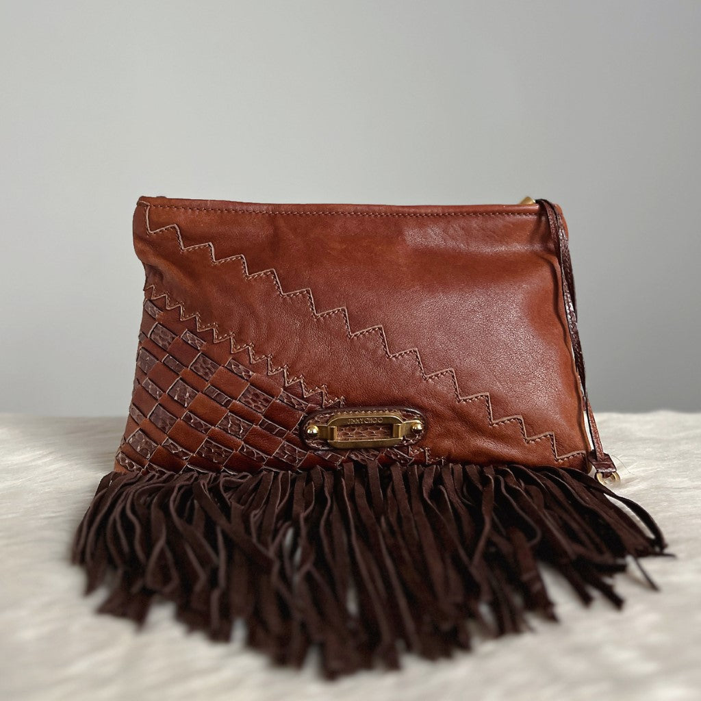 Jimmy Choo Brown Leather Suede Tassel Detail Clutch Bag