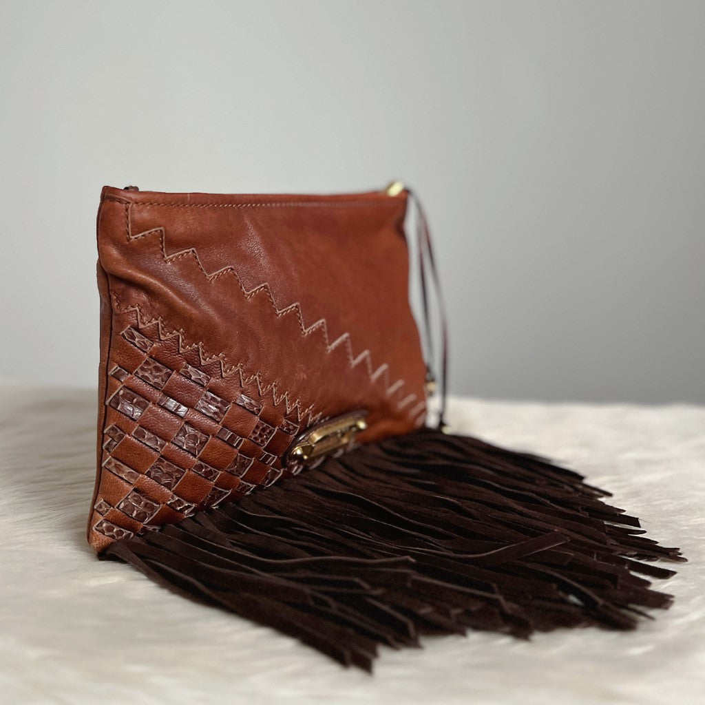 Jimmy Choo Brown Leather Suede Tassel Detail Clutch Bag