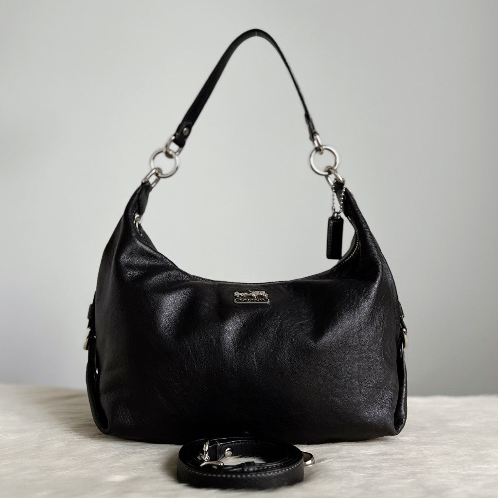 Coach Black Leather Front Logo Slouchy 2 Way Shoulder Bag