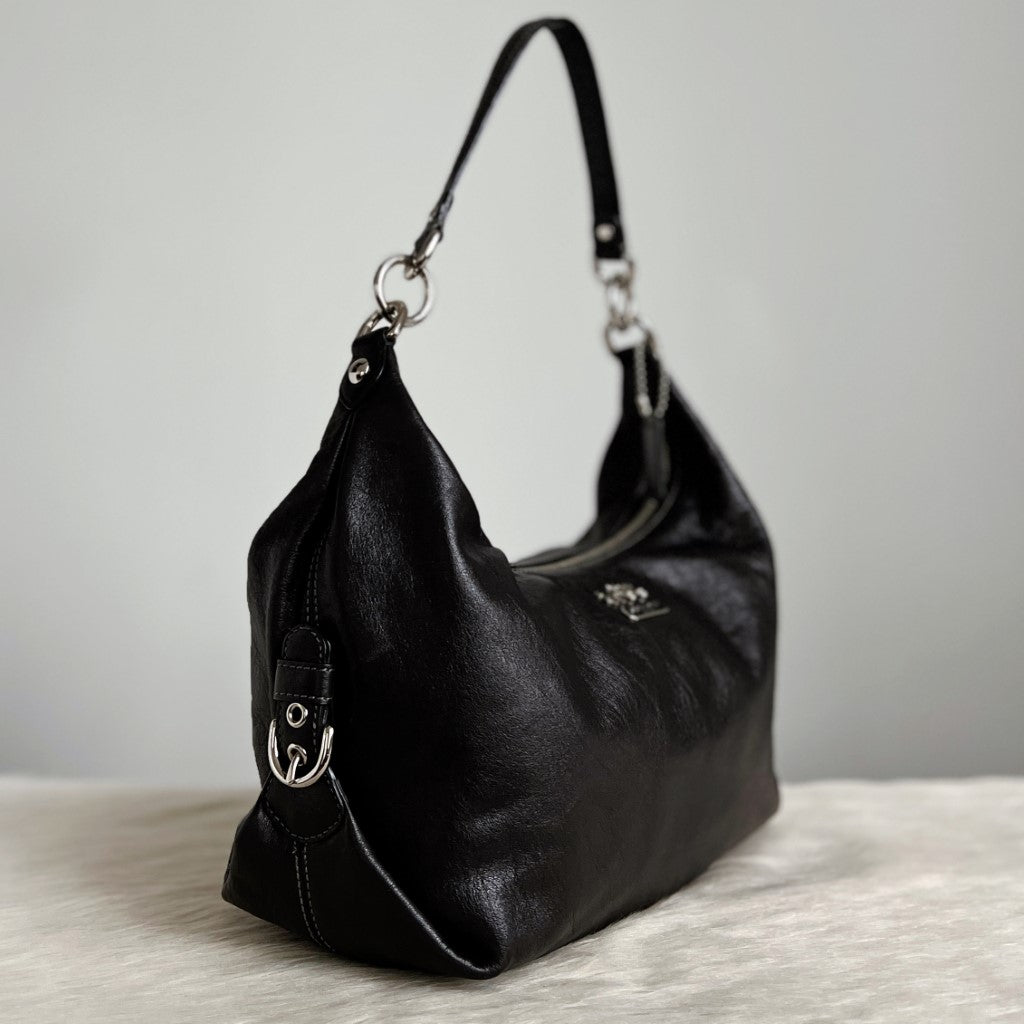 Coach Black Leather Front Logo Slouchy 2 Way Shoulder Bag