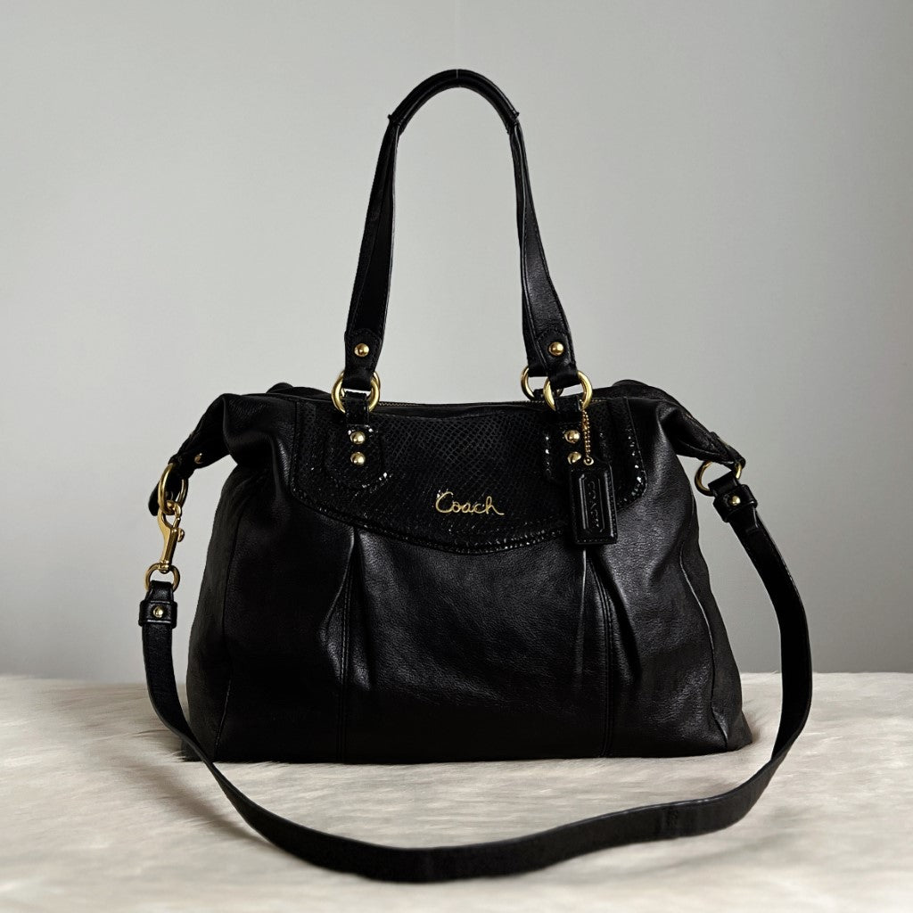 Coach Black Leather Front Patchwork Detail Career 2 Way Shoulder Bag