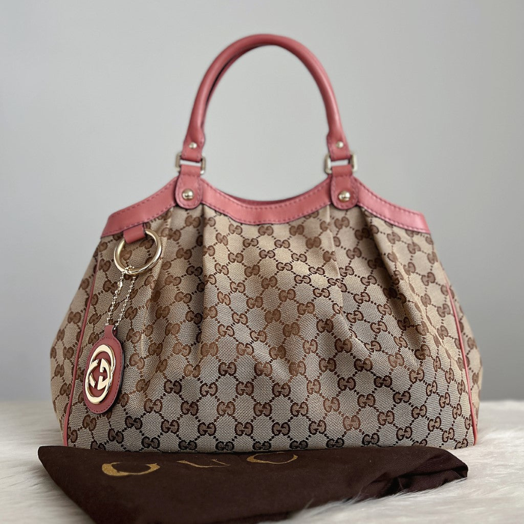 Gucci Signature Double G Rose Leather Trim Shoulder Bag Excellent