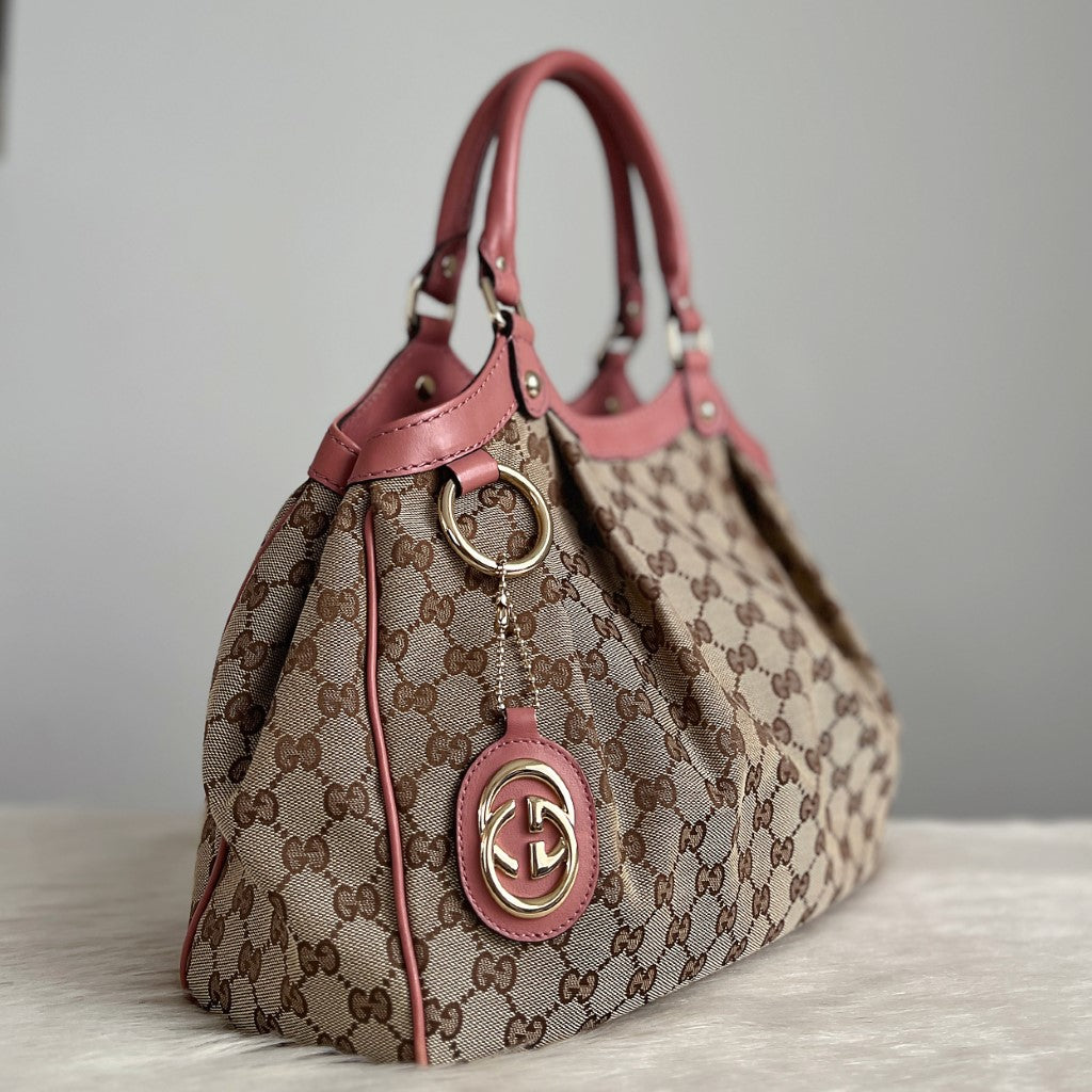 Gucci Signature Double G Rose Leather Trim Shoulder Bag Excellent