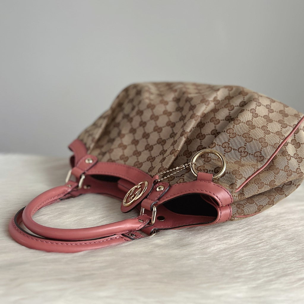 Gucci Signature Double G Rose Leather Trim Shoulder Bag Excellent