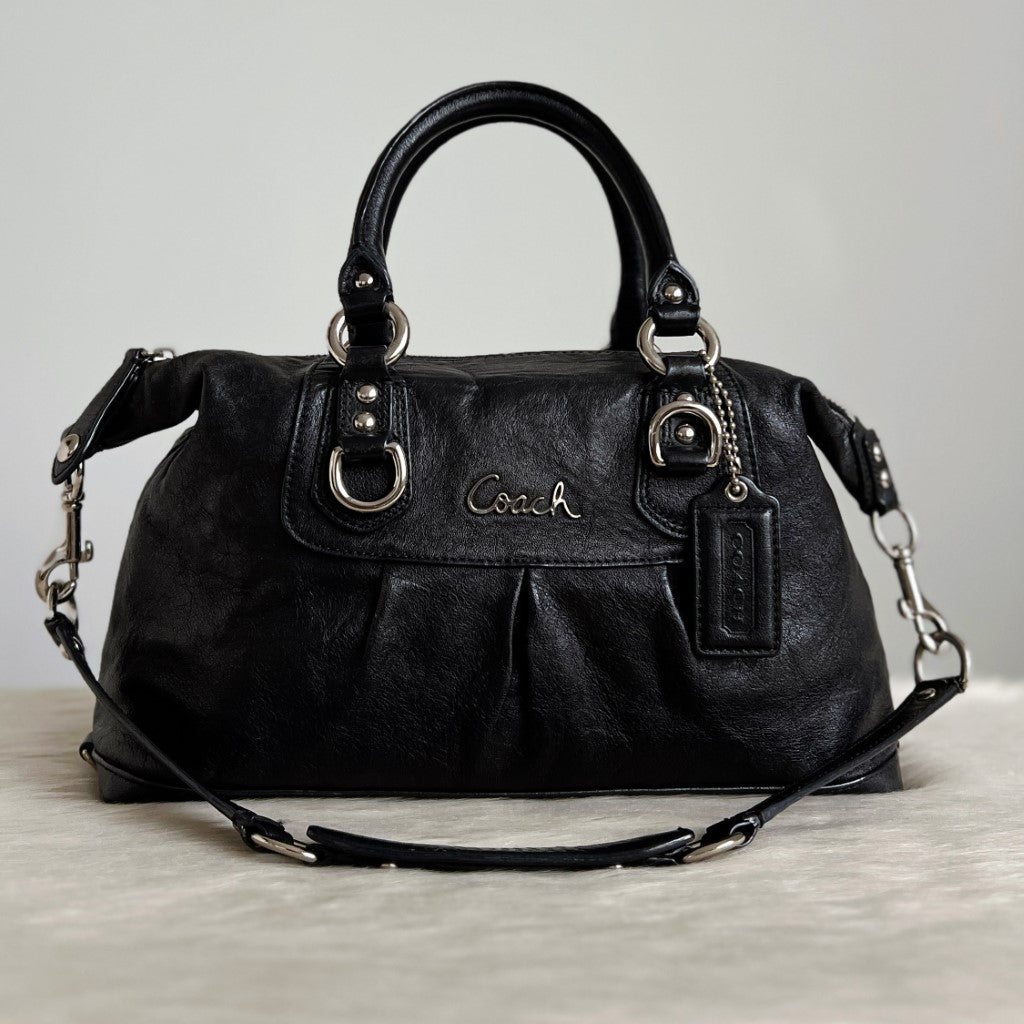 Coach Black Leather Front Logo Boston 2 Way Shoulder Bag