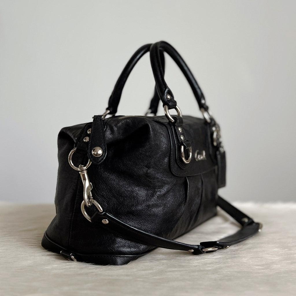 Coach Black Leather Front Logo Boston 2 Way Shoulder Bag