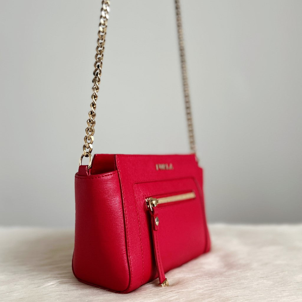 Furla Red Leather Front Detail Chain Strap Crossbody Shoulder Bag Excellent