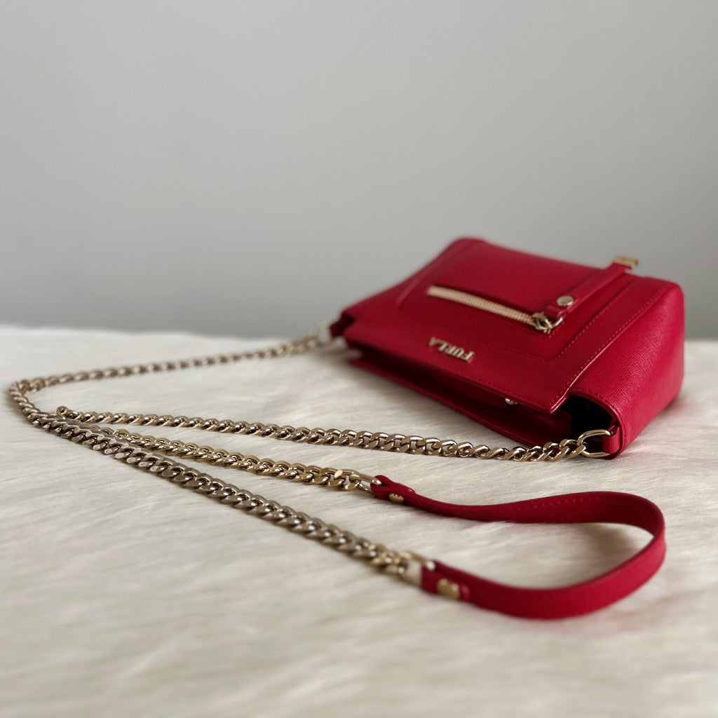 Furla Red Leather Front Detail Chain Strap Crossbody Shoulder Bag Excellent