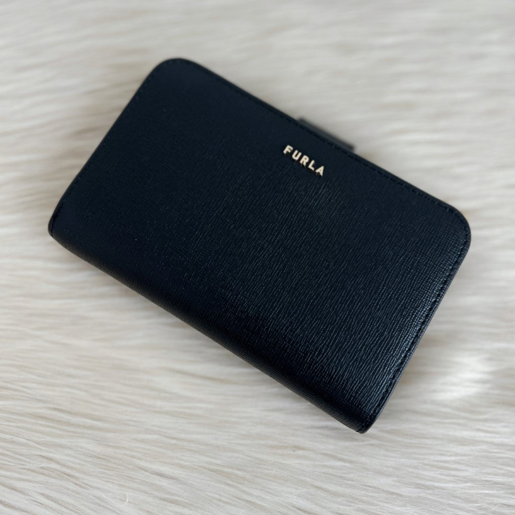 Furla Black Leather Zip Coin Compartment Fold Wallet Excellent