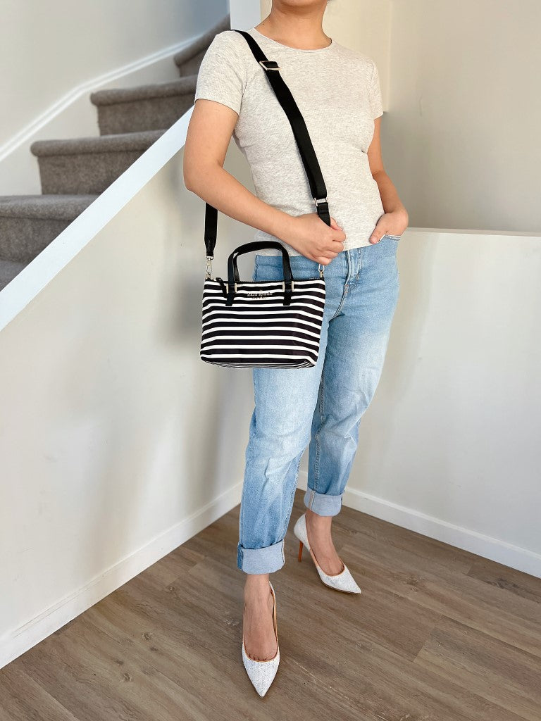Kate Spade Black Leather Stripe Pattern 2 Way Shoulder Bag Like New