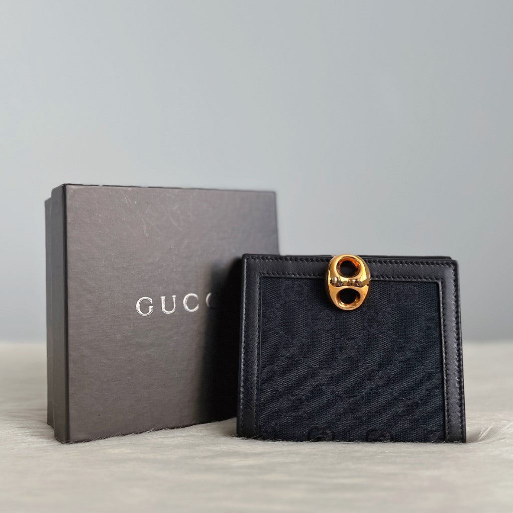 Gucci Black Leather Double G Monogram Coin Compartment Fold Wallet Excellent