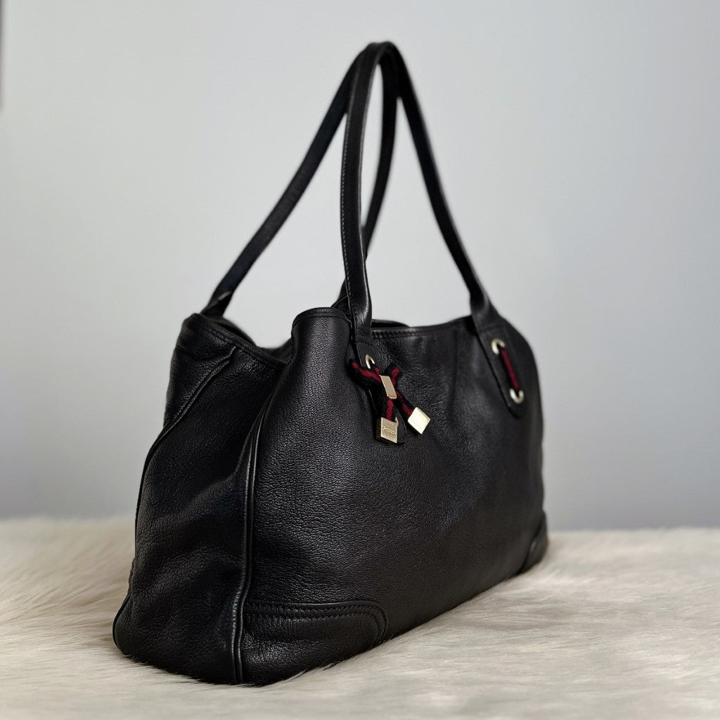 Gucci Black Leather Signature Stripe Bow Detail Shoulder Bag