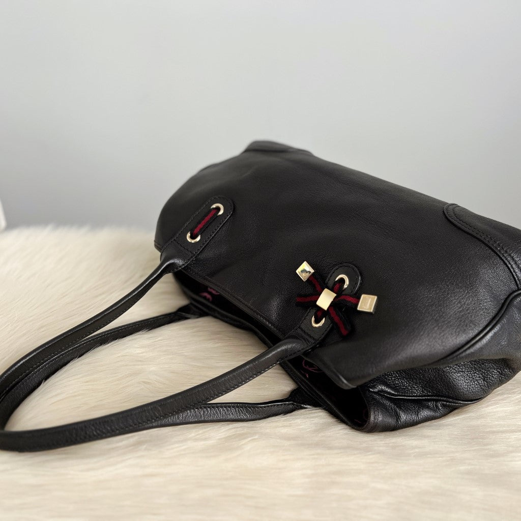 Gucci Black Leather Signature Stripe Bow Detail Shoulder Bag