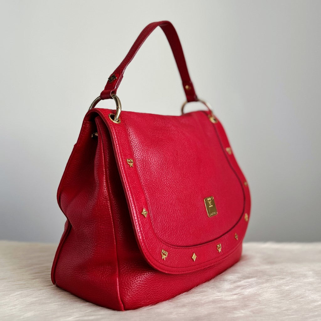 MCM Red Leather Studded Detail Flap 2 Way Shoulder Bag