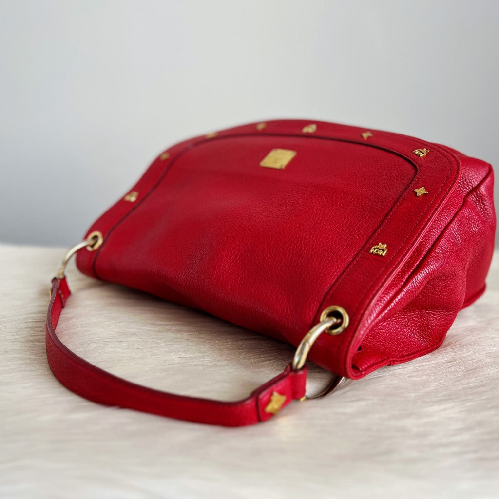 MCM Red Leather Studded Detail Flap 2 Way Shoulder Bag