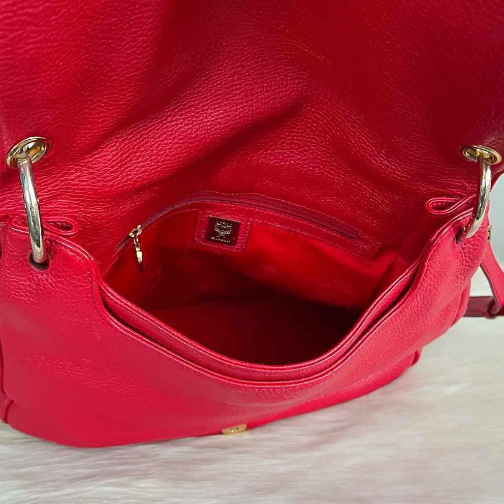 MCM Red Leather Studded Detail Flap 2 Way Shoulder Bag