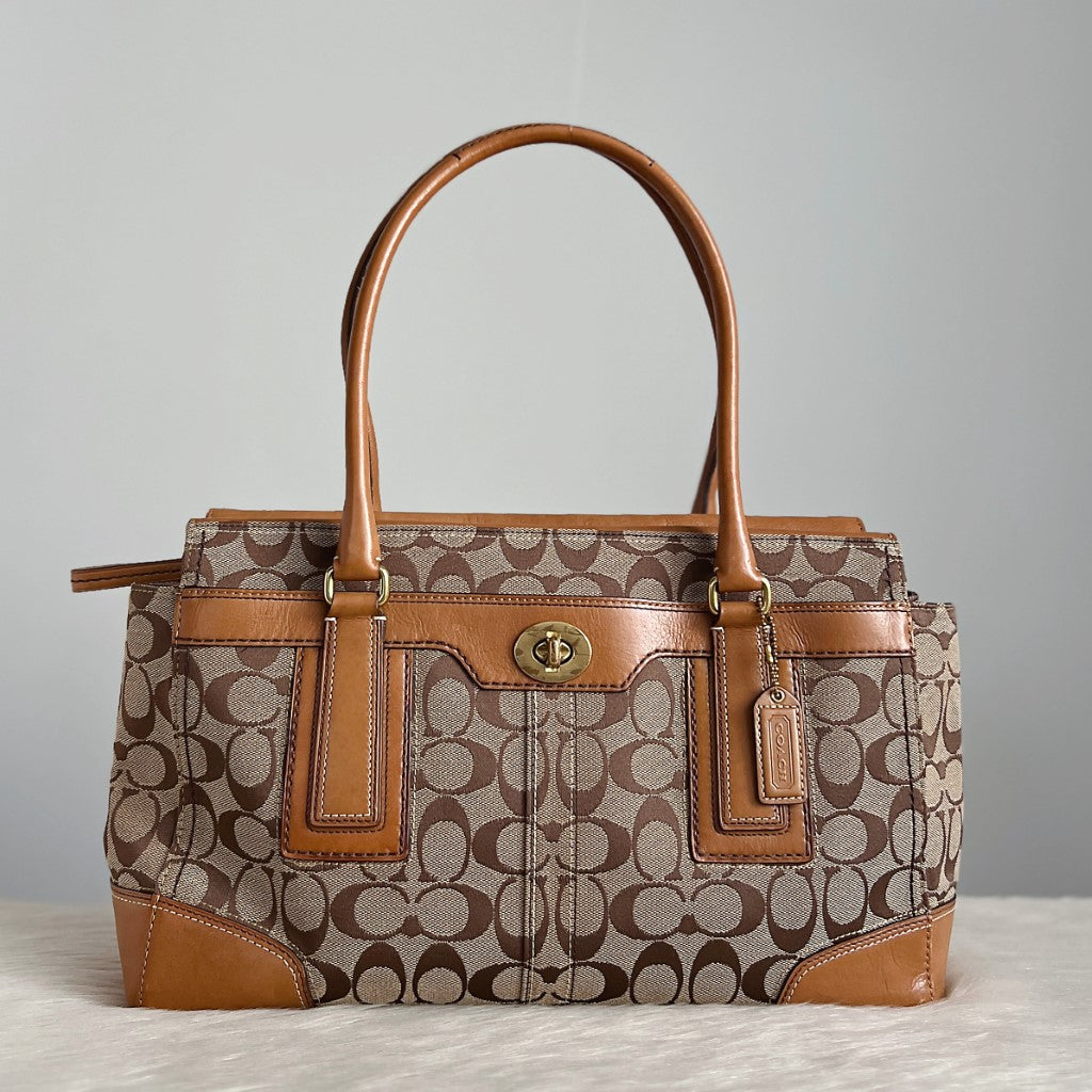 Coach Caramel Leather Monogram Turn Lock Career Shoulder Bag