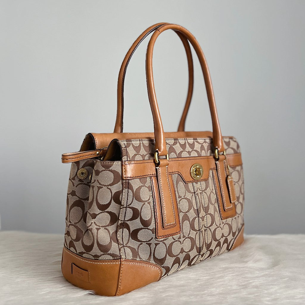 Coach Caramel Leather Monogram Turn Lock Career Shoulder Bag