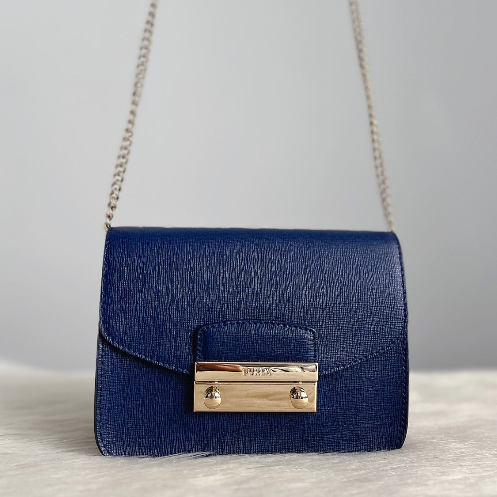 Furla Blue Leather Metropolis Small Shoulder Bag Like New