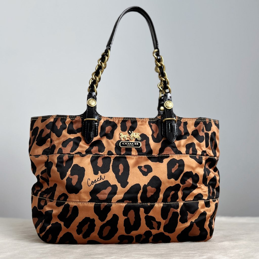 Coach Leopard Print Chain Detail Carryall Shoulder Bag Excellent