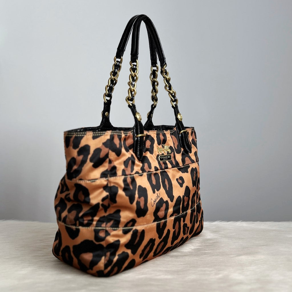 Coach Leopard Print Chain Detail Carryall Shoulder Bag Excellent