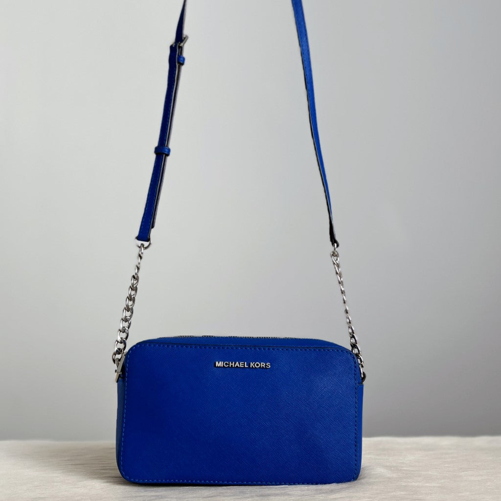 Michael Kors Blue Saffiano Leather Chain Detail Crossbody Shoulder Bag Excellent