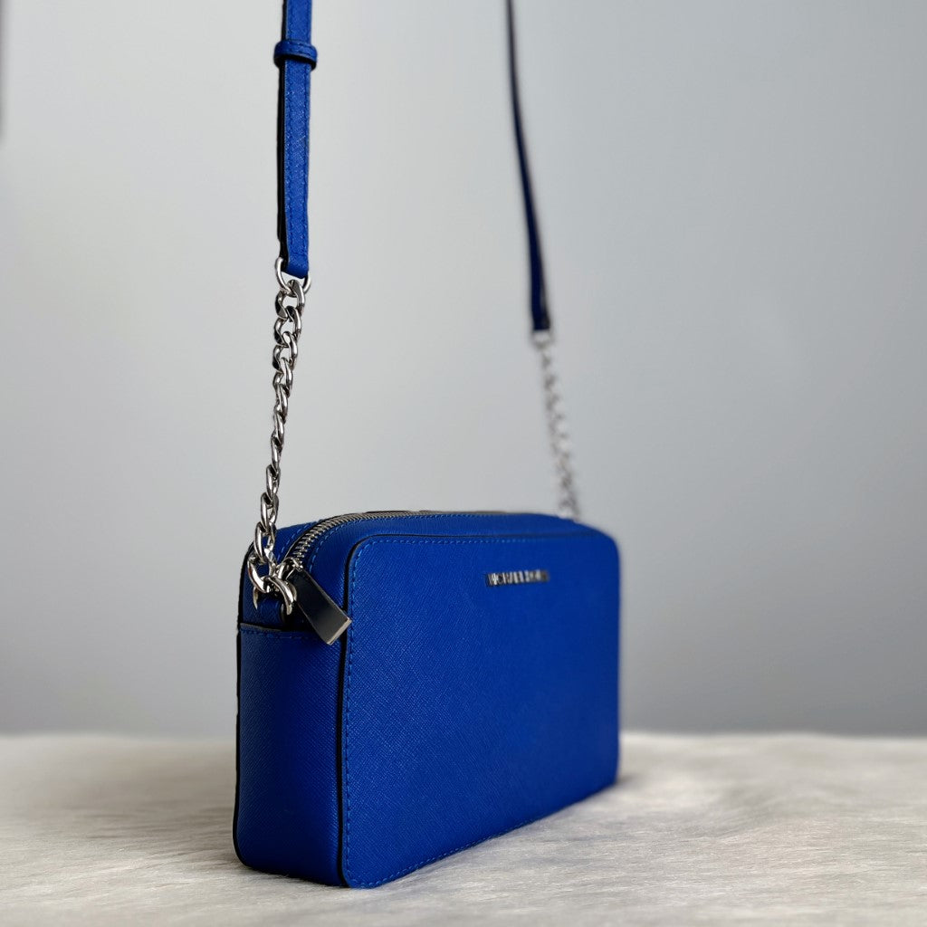 Michael Kors Blue Saffiano Leather Chain Detail Crossbody Shoulder Bag Excellent