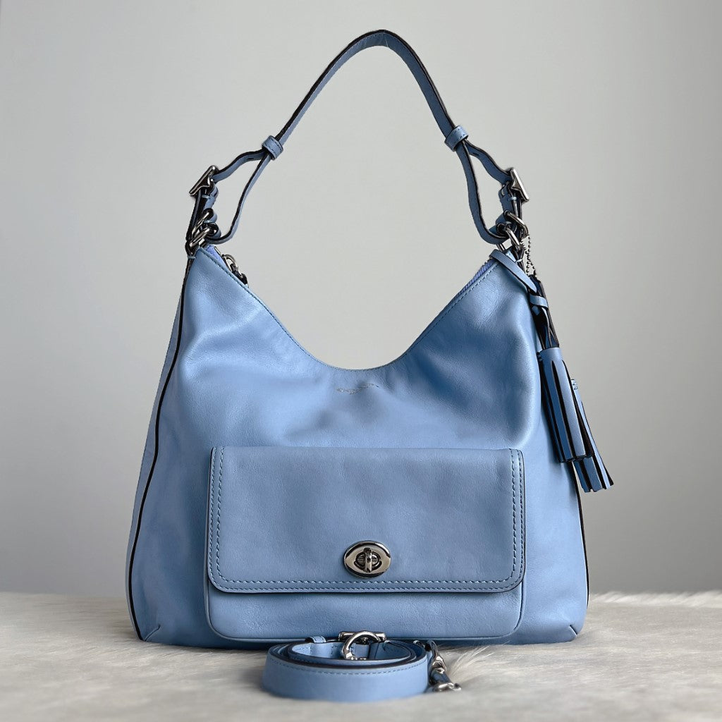 Coach Blue Leather Tassel Charm Slouchy 2 Way Shoulder Bag