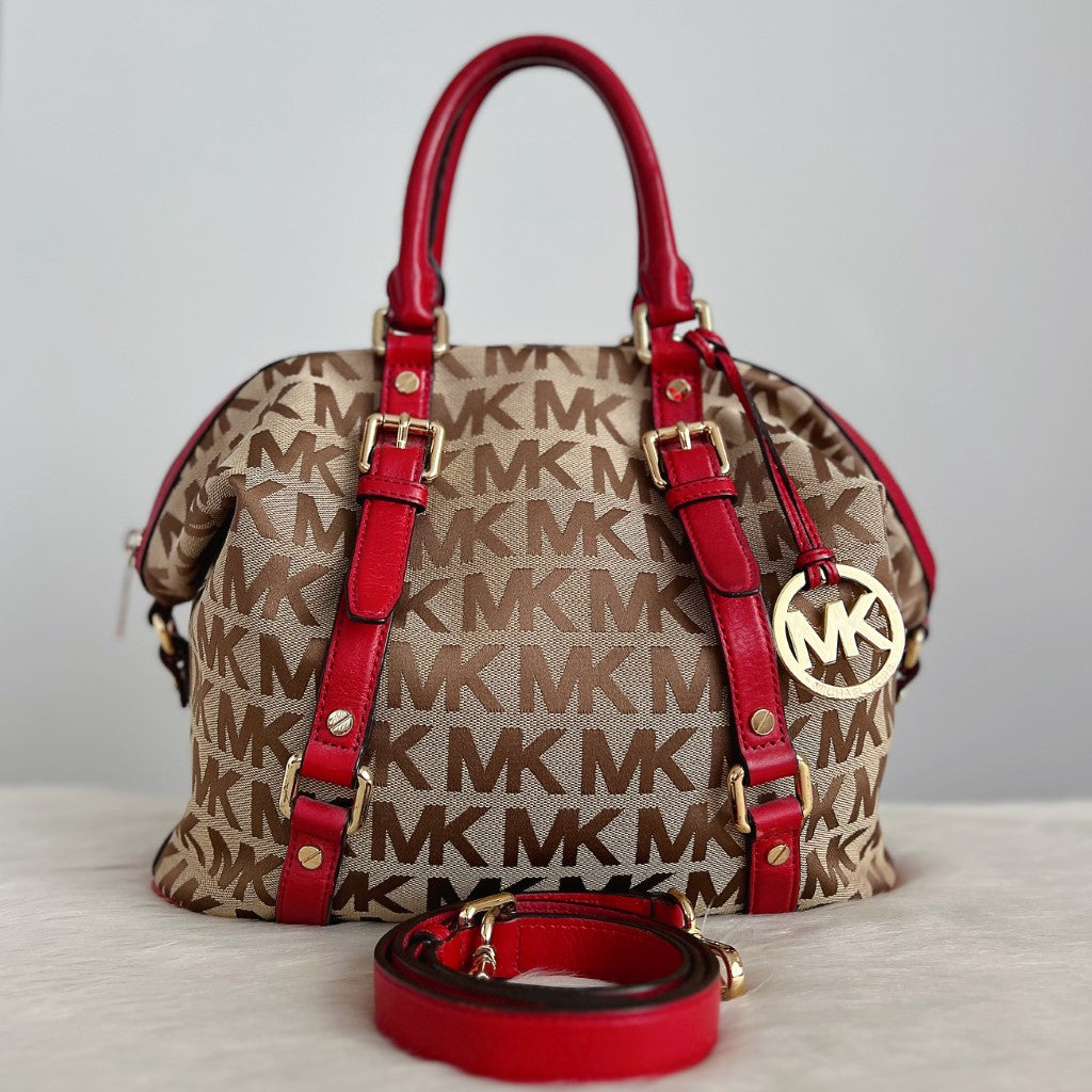 Michael Kors Red Leather MK Monogram Boston 2 Way Shoulder Bag