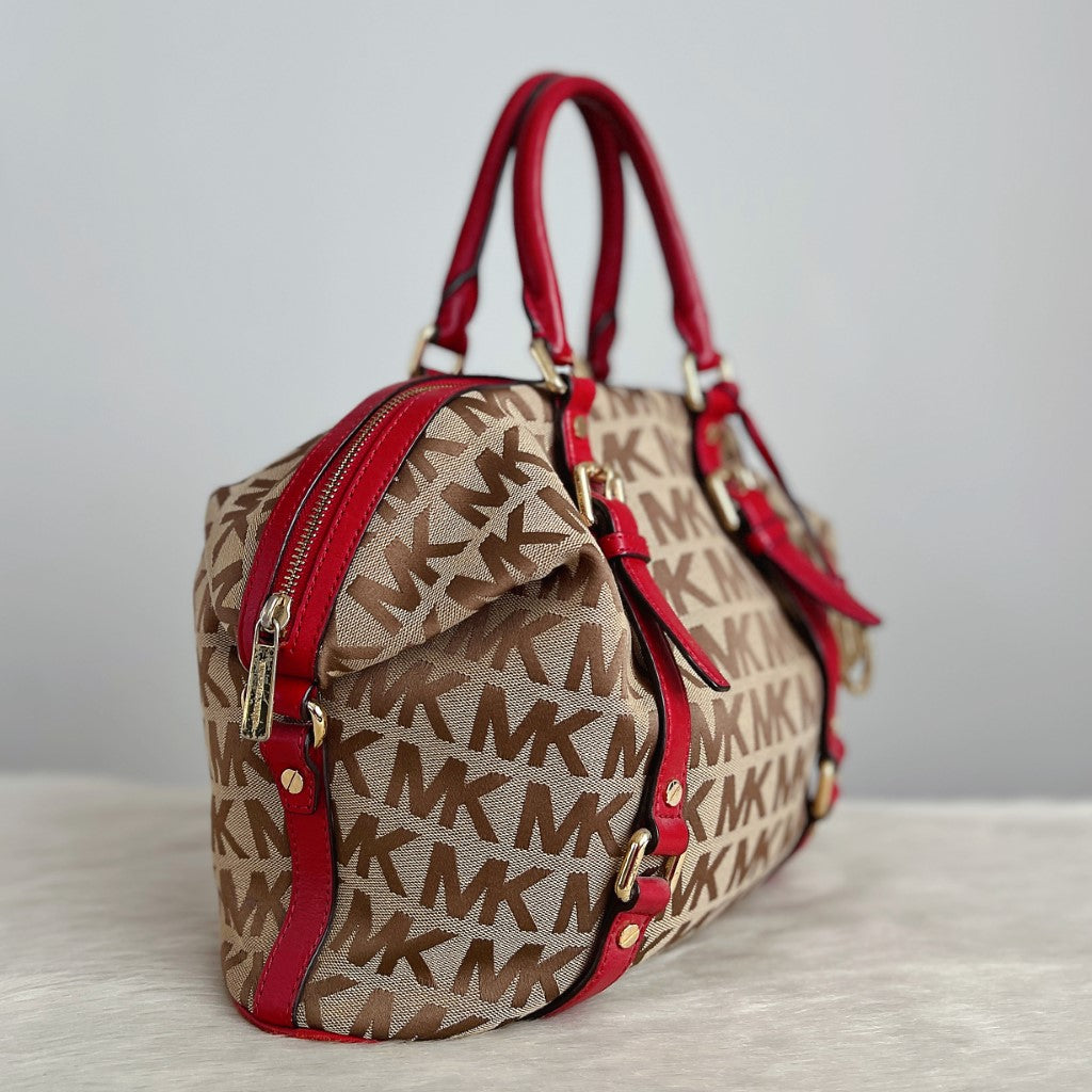 Michael Kors Red Leather MK Monogram Boston 2 Way Shoulder Bag