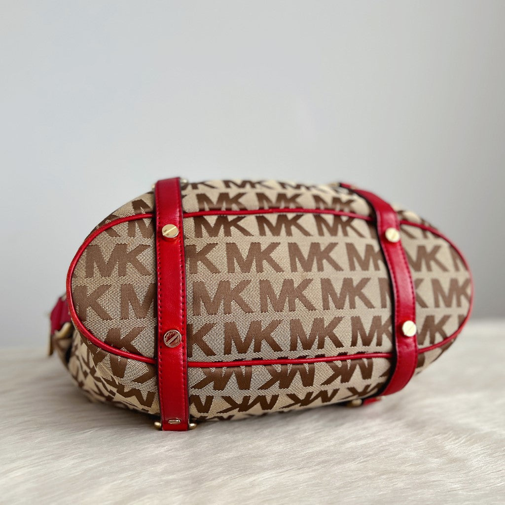 Michael Kors Red Leather MK Monogram Boston 2 Way Shoulder Bag