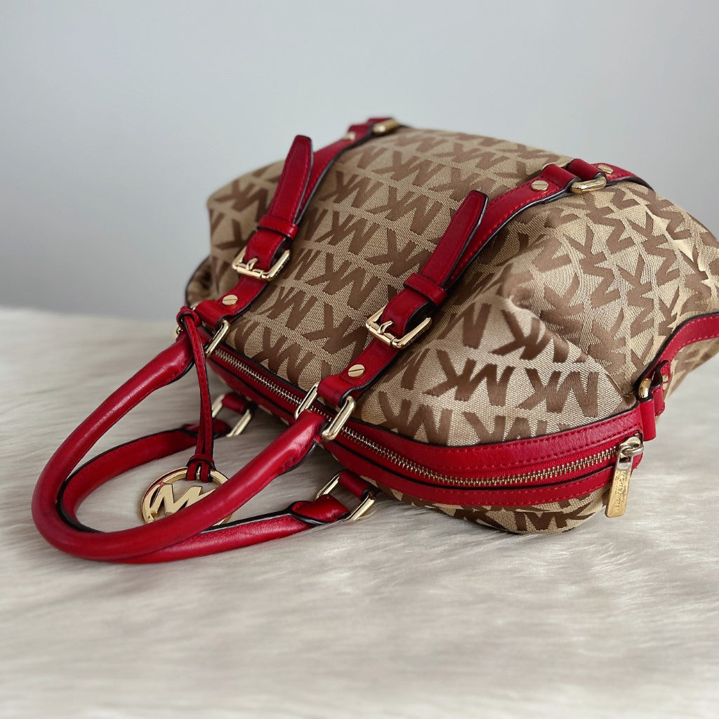 Michael Kors Red Leather MK Monogram Boston 2 Way Shoulder Bag