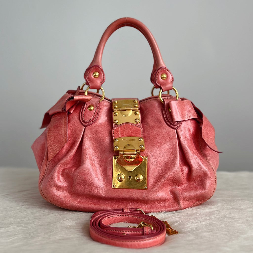 Miu Miu Pink Leather Signature Side Bow Buckle 2 Way Shoulder Bag