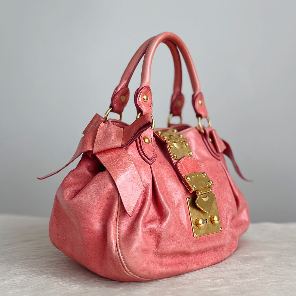 Miu Miu Pink Leather Signature Side Bow Buckle 2 Way Shoulder Bag