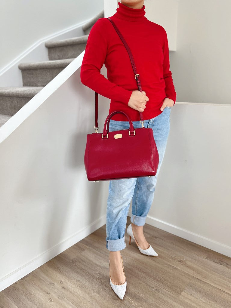 Michael Kors Maroon Leather Triple Compartment 2 Way Shoulder Bag