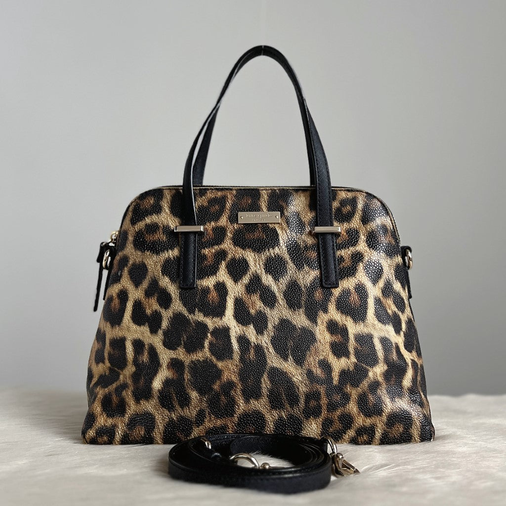 Kate Spade Black Leather Trim Leopard Print 2 Way Shoulder Bag Excellent